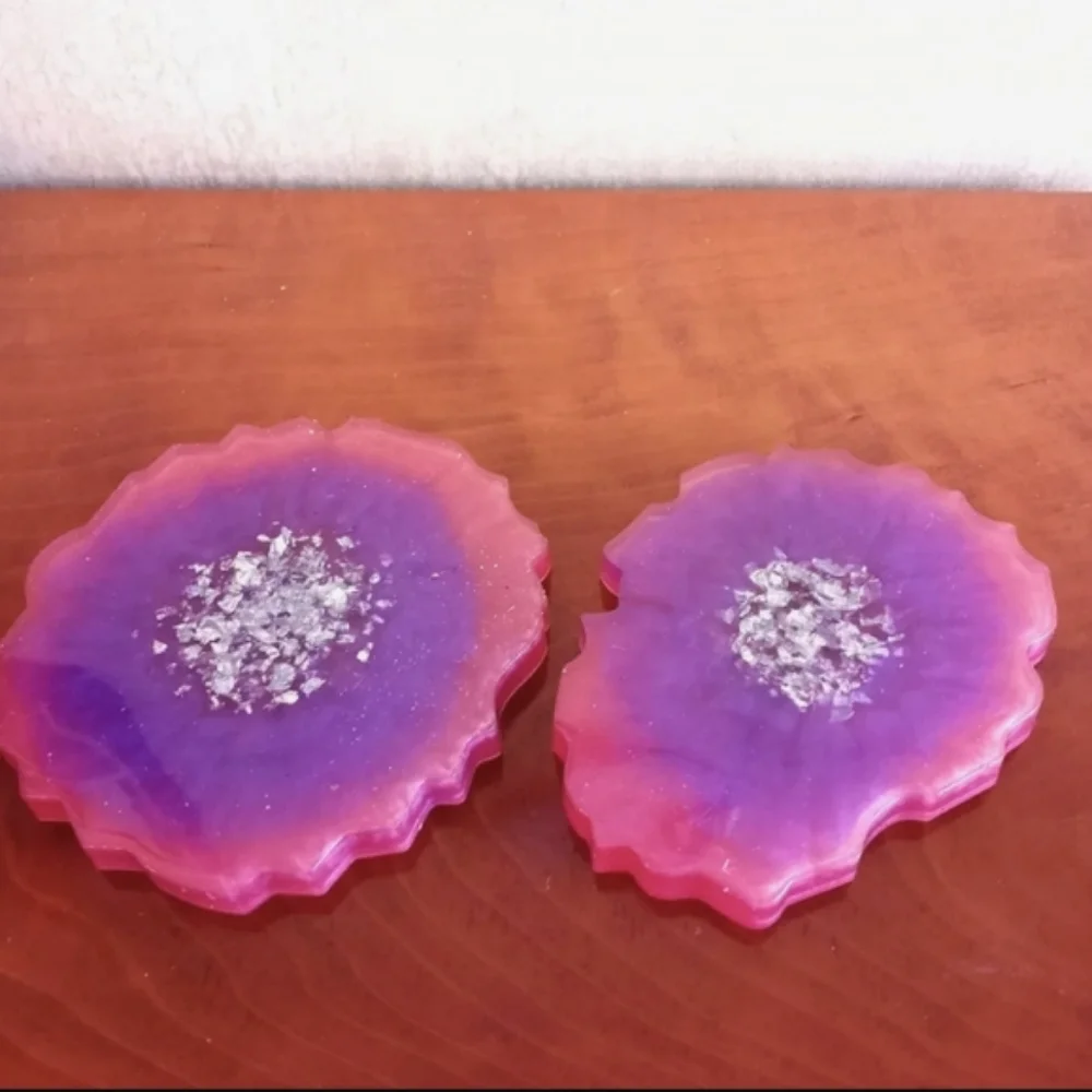 Geode resin coasters set candle drink coasters pink purple and silver new